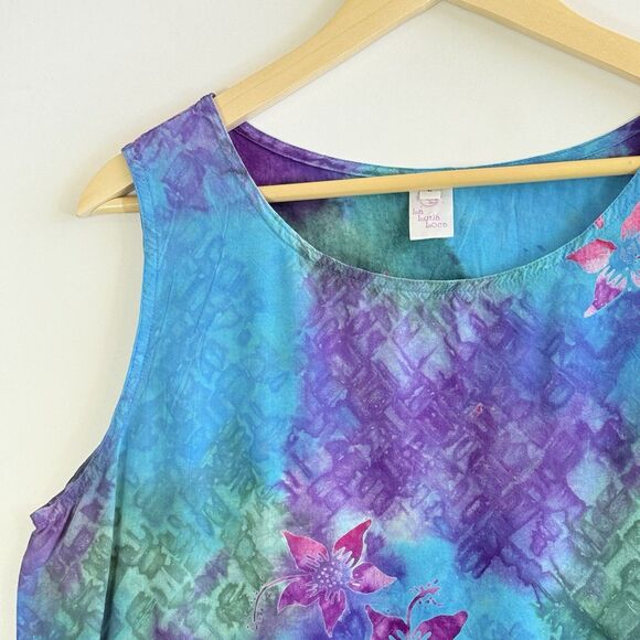 La Luna Loca Womens Large Jewel Tone Floral Batik Rayon Sleeveless Shirt Top - Picture 2 of 5